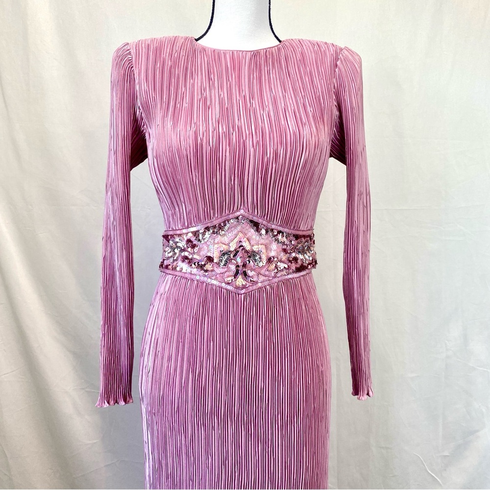 NUIT Vintage 1980s Pink Mauve Micro Pleated Dress Beaded Embellished Waist sz 8 - Picture 3 of 17